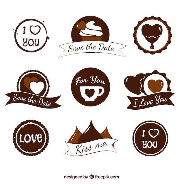 Great badges with hearts in brown tones