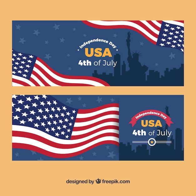 Free vector great banners with american flag and silhouettes for independence day