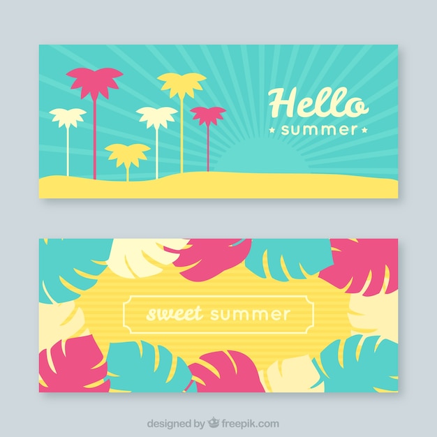 Free vector great banners with palm trees and leaves in flat design