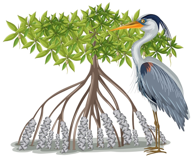 Free Vector great blue heron with mangrove tree in cartoon style on white background