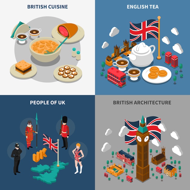 Free vector great britain touristic isometric 2x2 icons set