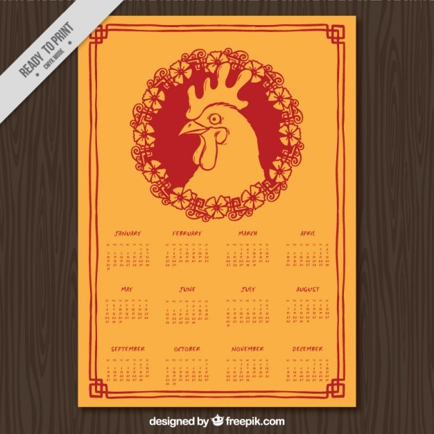 Great calendar with rooster and floral wreath