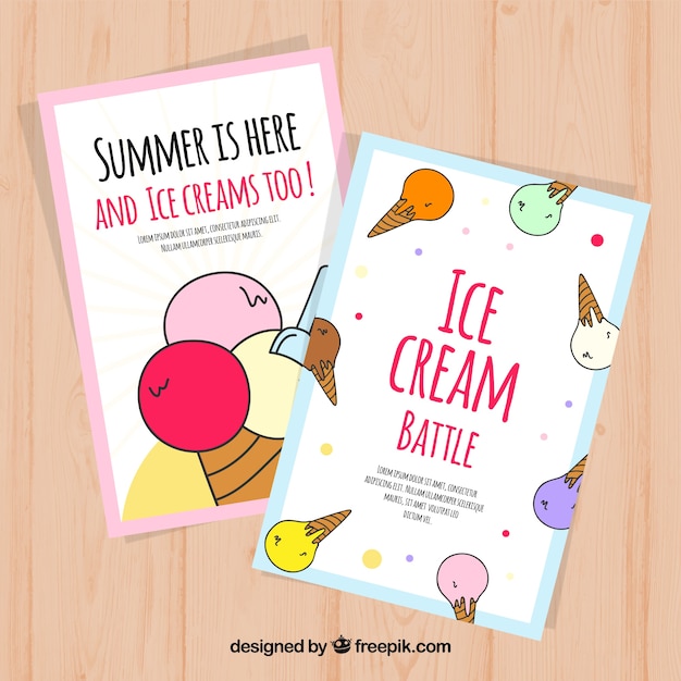 Great cards with colored ice creams in flat design