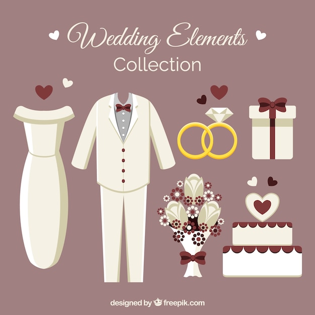 Бесплатное векторное изображение Большая коллекция свадебных элементов в плоском дизайне