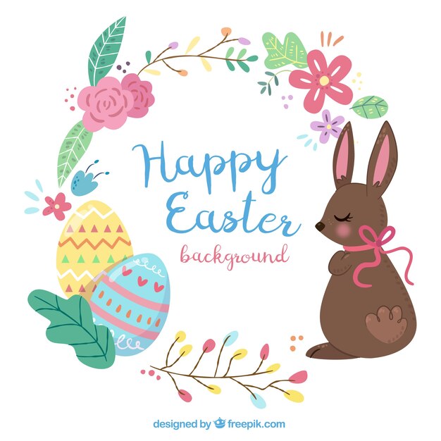 Great easter background with colored eggs and chocolate rabbit