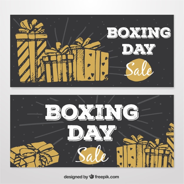 Free vector great hand-drawn banners for boxing day with brown gifts