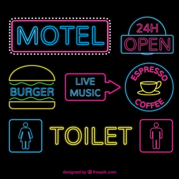 Free vector great neon lights placards with different designs