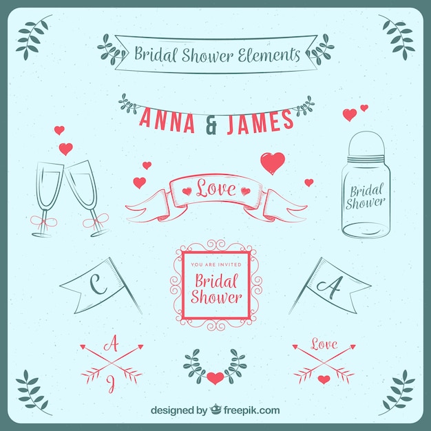 Great pack of decorative bridal shower elements in retro style