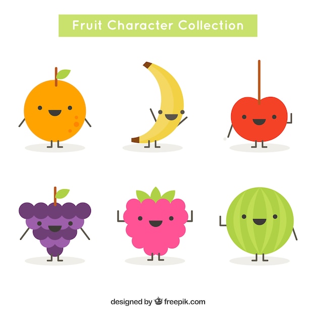 Vettore gratuito grande pacchetto di personaggi di frutta felice nel design piatto