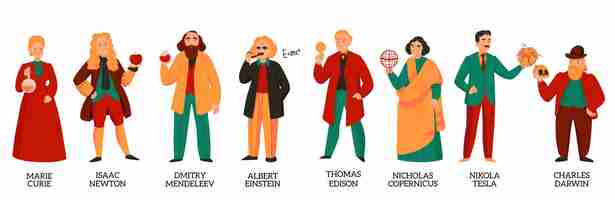 Free vector great scientists color set with flat characters of marie curie albert einstein nikola tesla nicholas copernicus and others isolated vector illustration