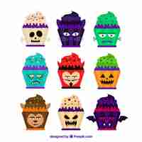 Free vector great selection of cupcakes with halloween monsters