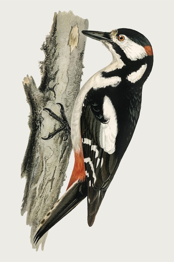 Free Vector great spotted woodpecker vector bird hand drawn