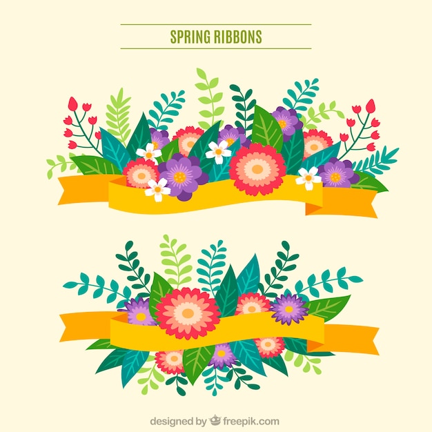 Free vector great spring ribbons with colorful flowers