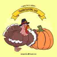 Free vector great thanksgiving background with a pumpkin and a nice turkey