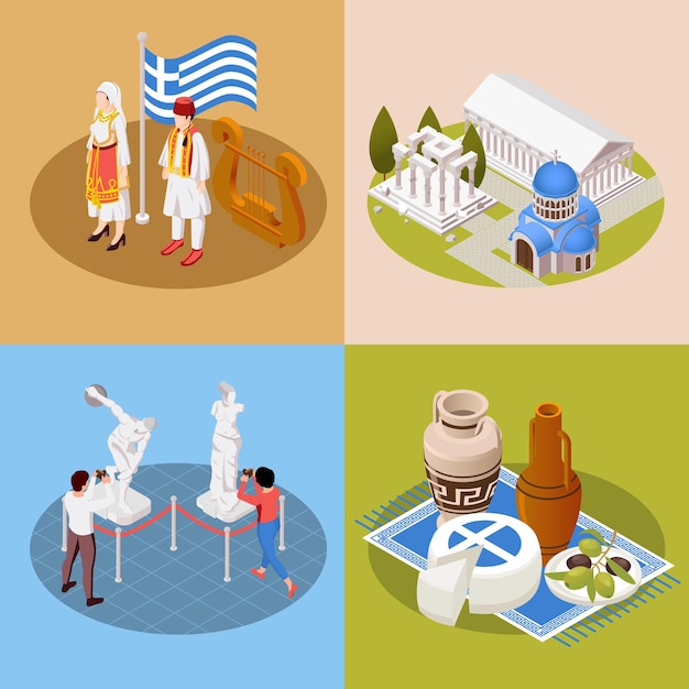 Greece culture landmarks touristic attractions 4 isometric compositions national costume flag cuisine acropolis museum illustration