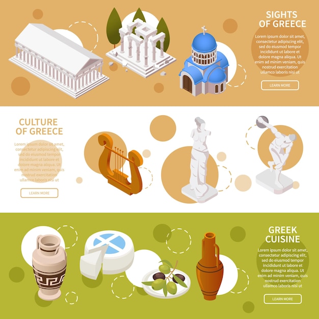 Free vector greece culture landmarks, tourists attractions and cuisine isometric illustration