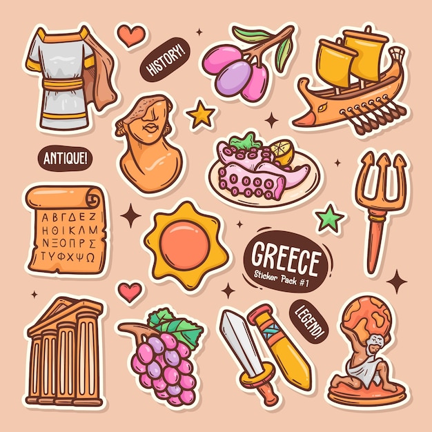 Free vector greece cute doodle vector sticker collection