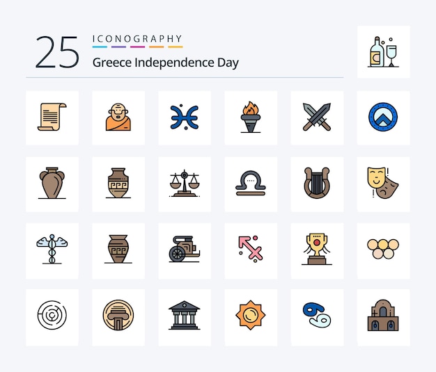 Pacchetto di icone piene di linee del giorno dell'indipendenza della grecia 25 che include i giochi di partecipazione dell'oroscopo olimpico dell'irlanda