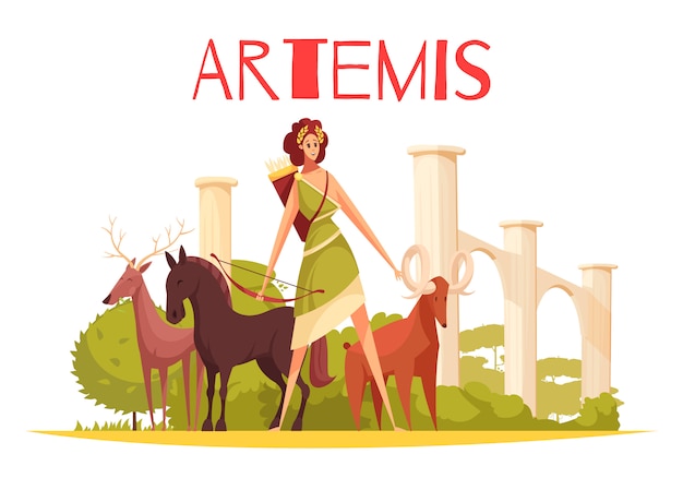 Vettore gratuito composizione piana nella dea greca con i personaggi dei cartoni animati di artemis che tengono arco e gruppo di illustrazione degli animali