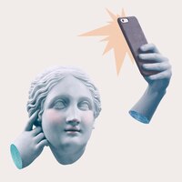 Selfie greco statua della dea social media dipendenza mista