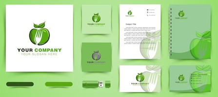 Green apple and negative space of fork logo and business branding template designs inspiration isolated on white background