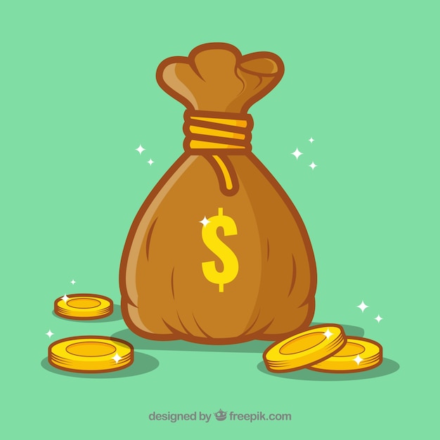 Green background of money bag with coins