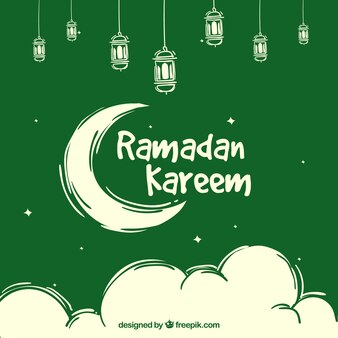 Green background of ramadan kareem with moon and clouds