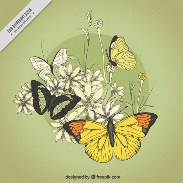 Free vector green background with butterflies and flowers