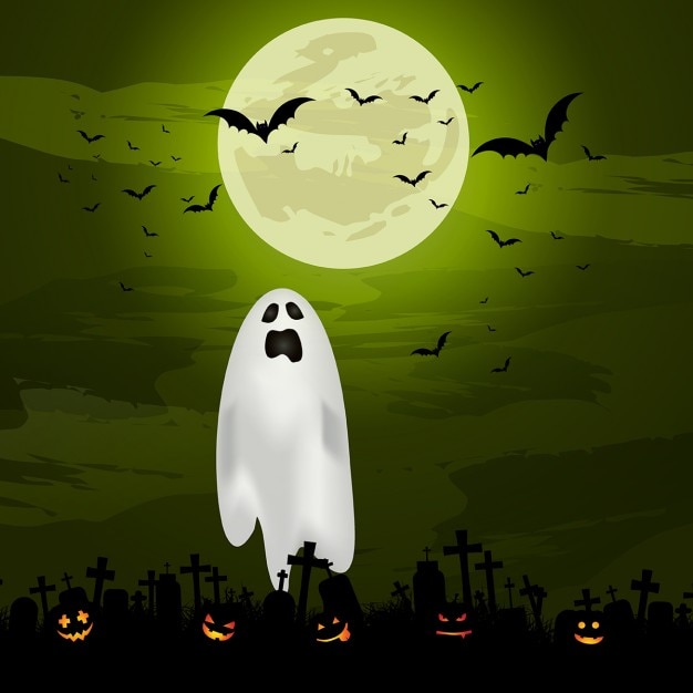 Sfondo di halloween con fantasma inquietante e zucche