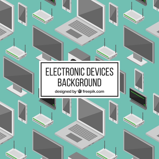 Sfondo verde con dispositivi tecnologici isometrici