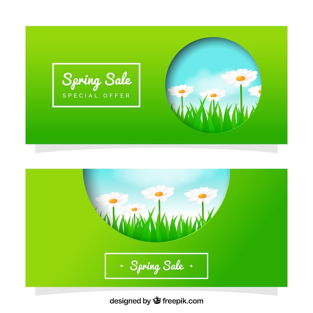 Green banners with daisies