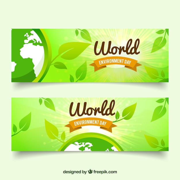 Free vector green banners with leaves for world environment day