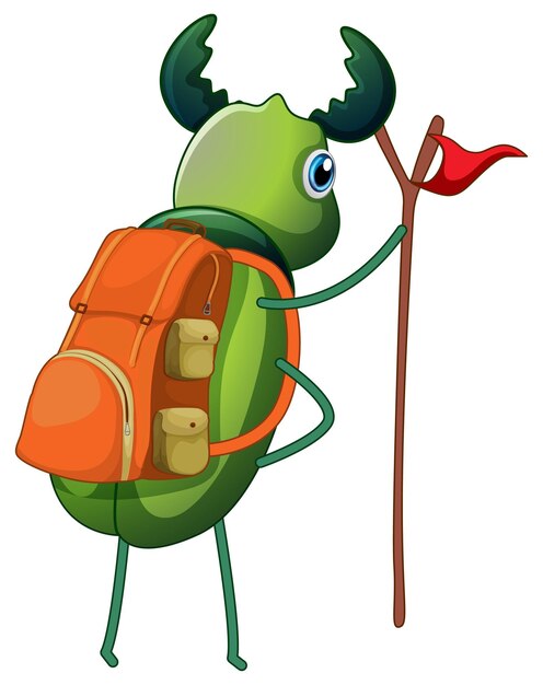 Зеленый жук с рюкзаком и флагом на белом фоне