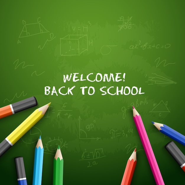 Free vector green blackboard covered with writing and set of colored pencils