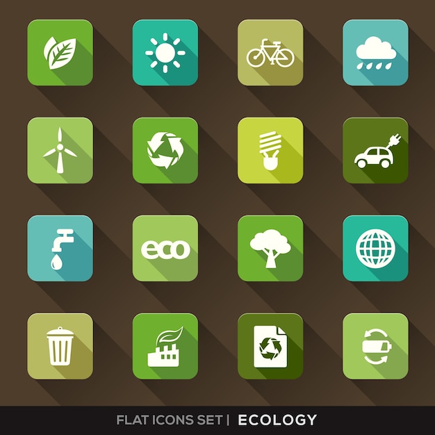 Set di verde di ecologia piatte icone con una lunga ombra