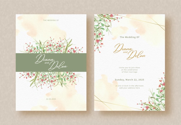 Free vector green border with garden flowers painting on wedding invitation background