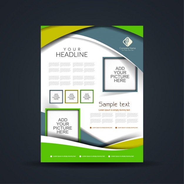 Free vector green business brochure with abstract shapes and picture frames