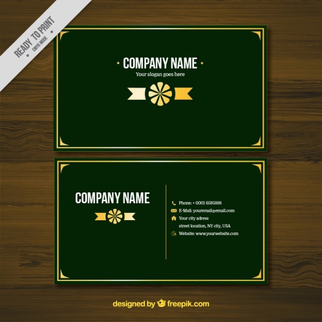 Free vector green business card with golden frame