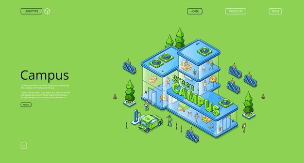 Green campus isometric landing page, people work and study in modern glass building, university, coworking office, creative workplace for students or business employees, 3d Vector line art web banner