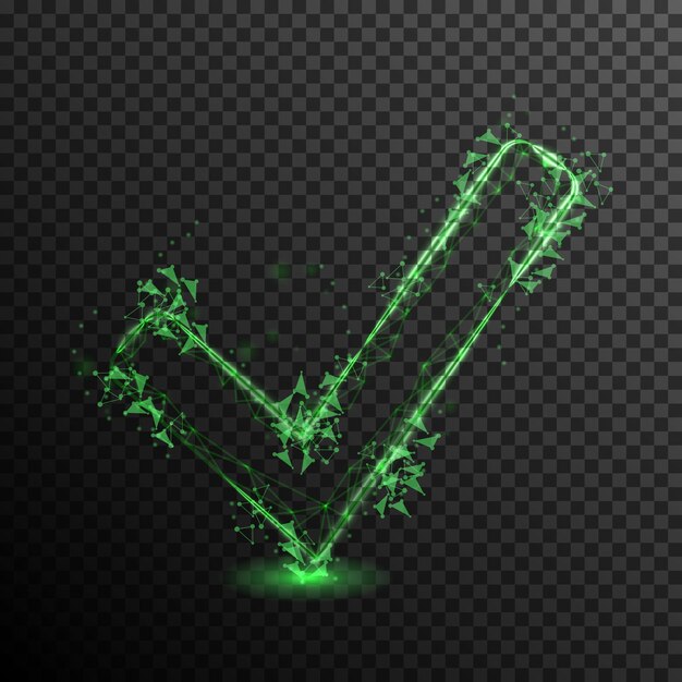 Green check mark tick icon from connecting dot and line light effect vector illustration isolated on transparent background