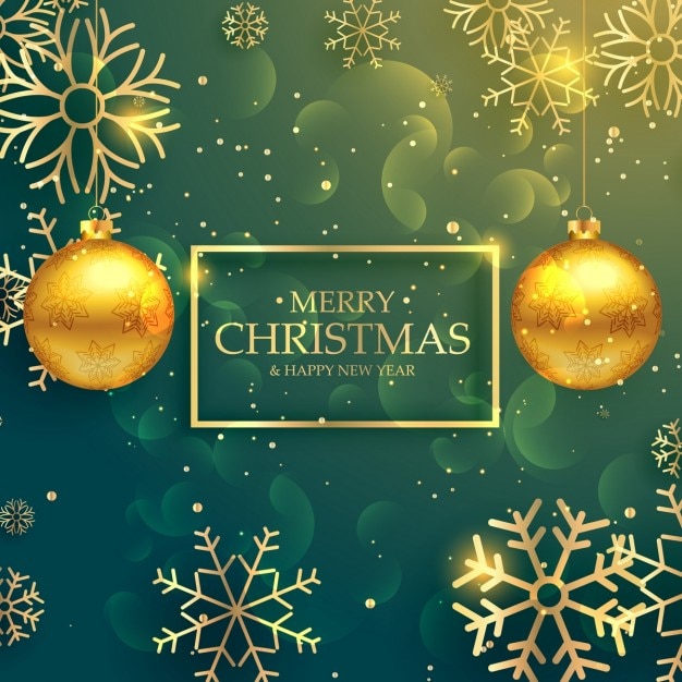 Green christmas background with golden snowflakes