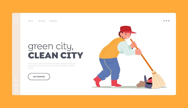Шаблон целевой страницы зеленого города. детский персонаж-волонтер убирает мусор, подметает землю, собирает мусор. волонтерская благотворительность и защита экологии. мультфильм людей векторные иллюстрации