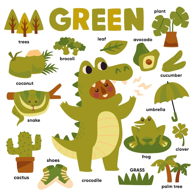 Бесплатное векторное изображение Зеленый цвет и набор слов на английском языке