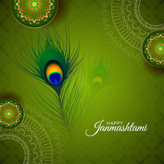 Green color Happy Janmashtami festival peacock feather background vector