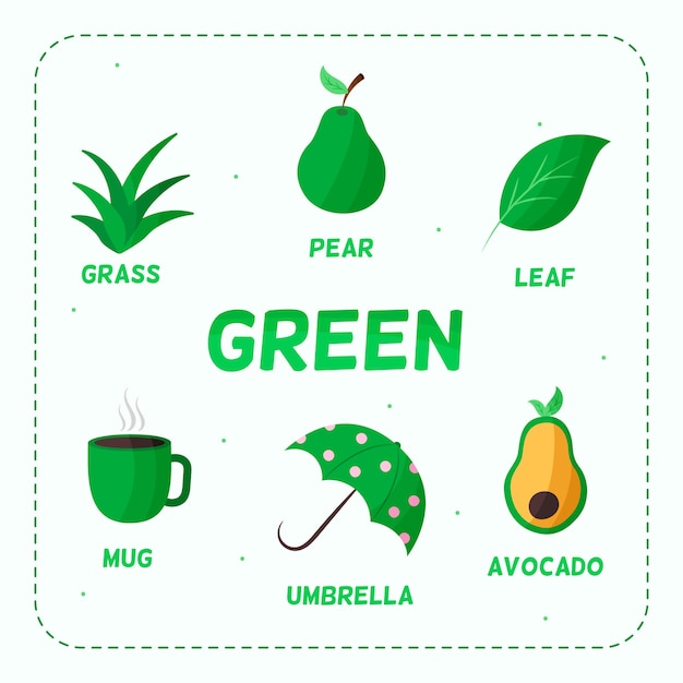 Green color with vocabulary collection in english