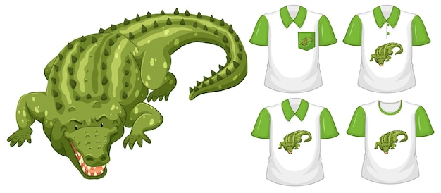 Green crocodile cartoon character with many types of shirts on white background