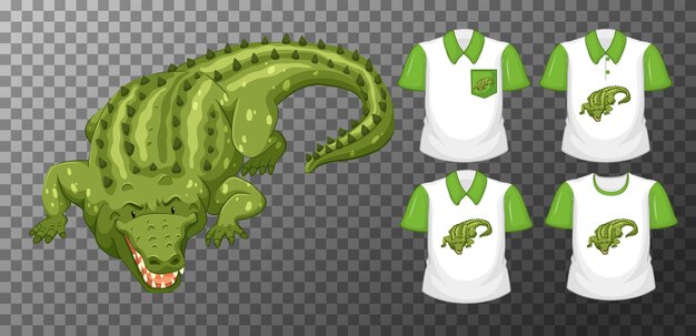 Green crocodile cartoon character with many types of shirts