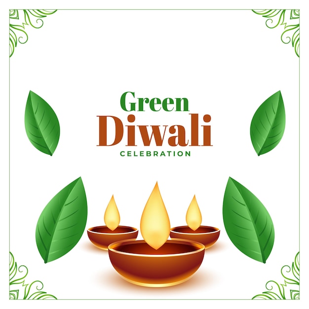 Sfondo evento diwali verde con lampada a olio e foglie di design