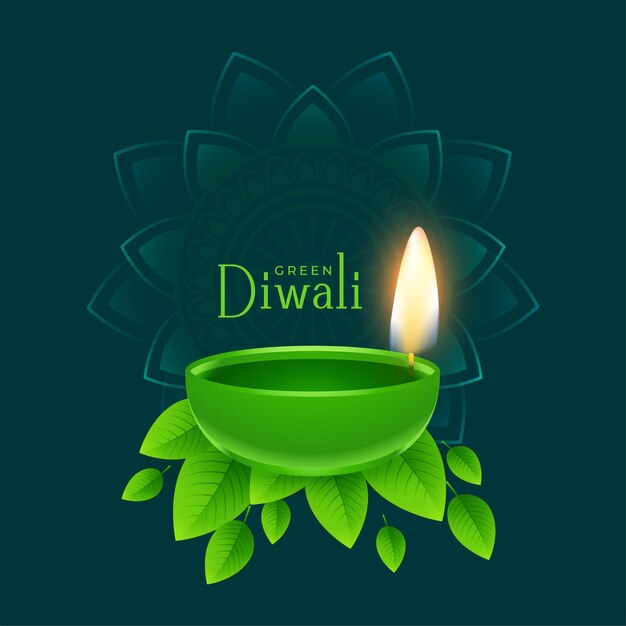 Free vector green diya lamp for eco diwali greeting background