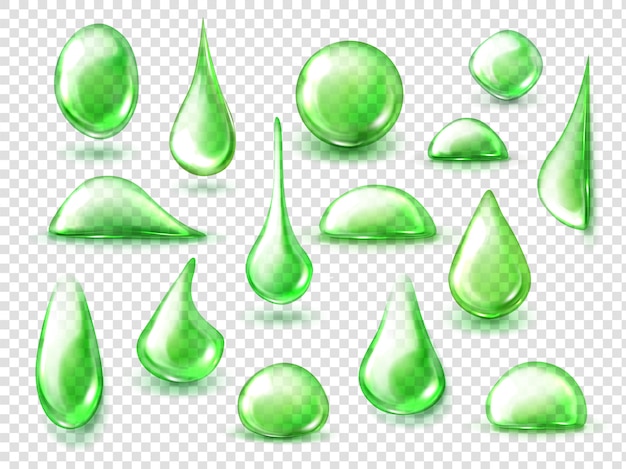 Green drops of water, herbal tea liquid drips